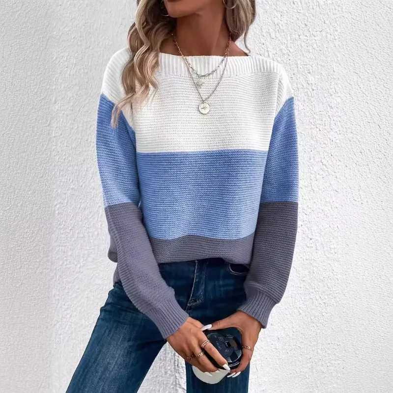 New Autumn Winter Knitted Sweater Womens Contrast Color Splicing Round Neck Long Sleeve Pullover TopT251025