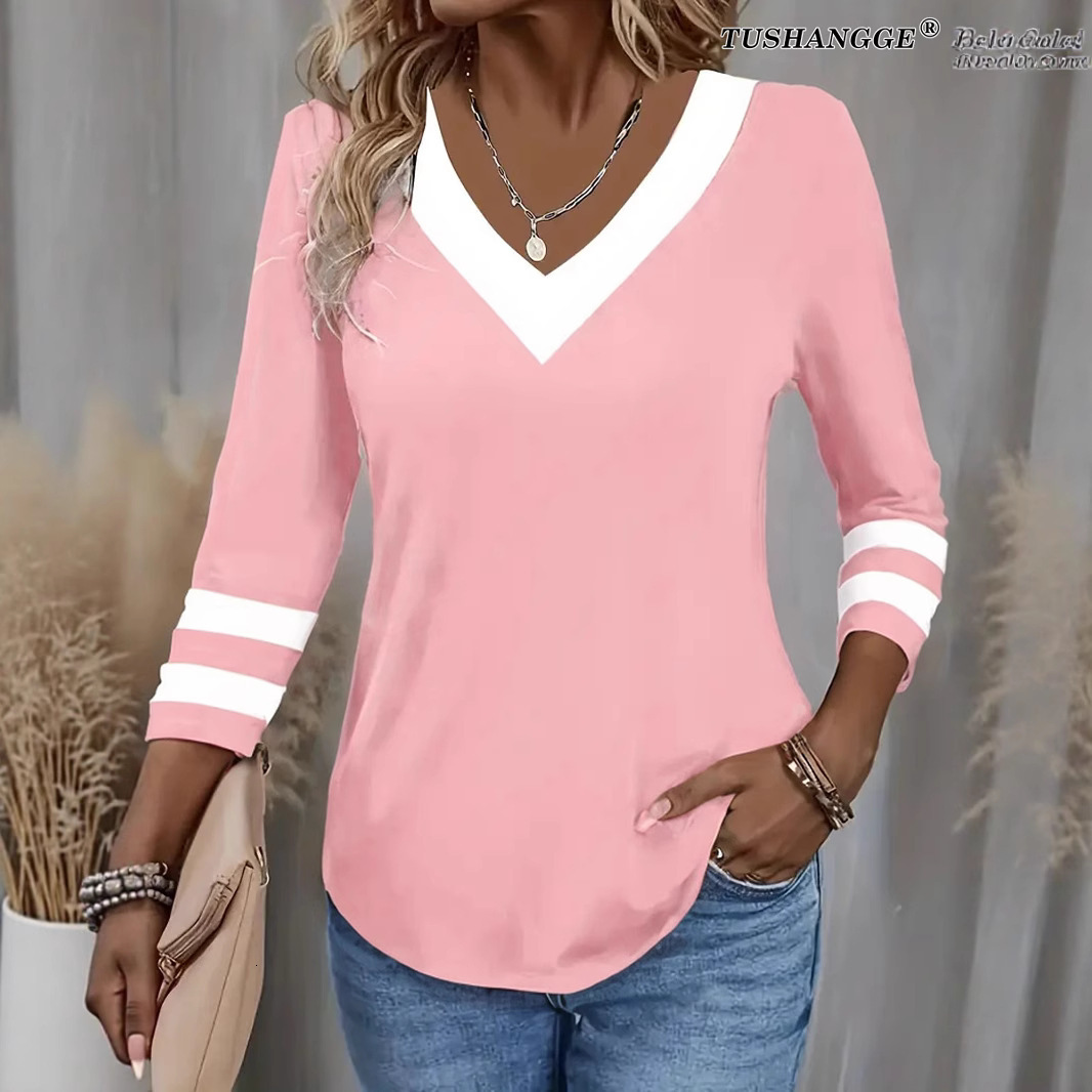 American Style 2025 New Casual Fashion Trend Color Block Long Sleeve V-Neck T-Shirt
