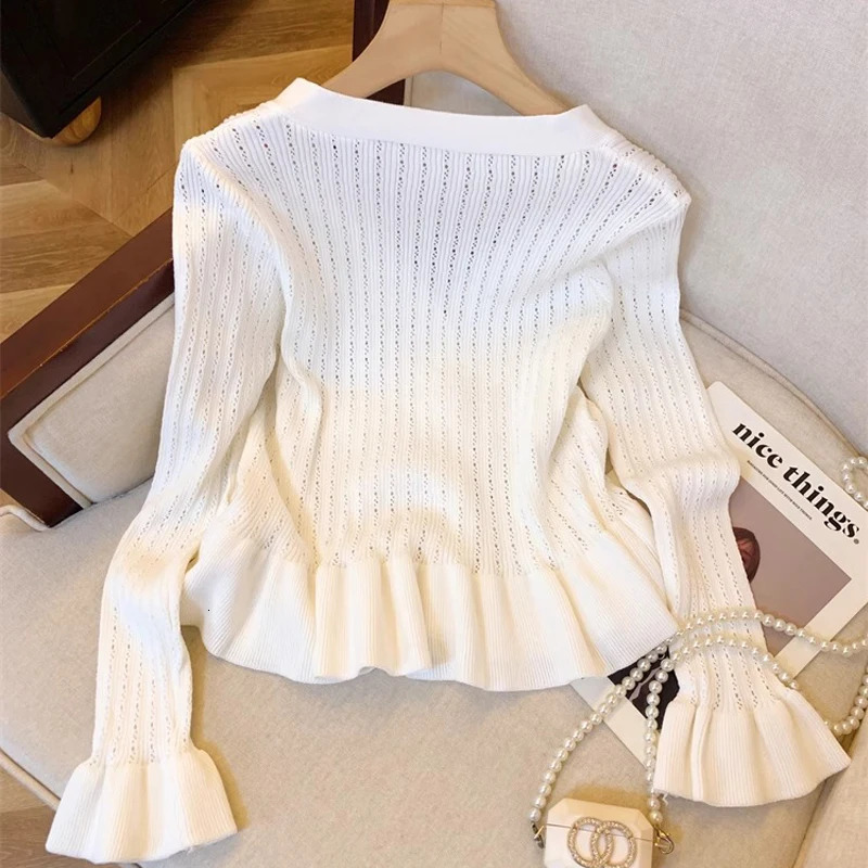 YuooMuoo Women Cardigans Autumn Buttons Vneck Slim Waist Ruffled Knitted Tops Chic Fashion Lady Sweaters Shirts 251020