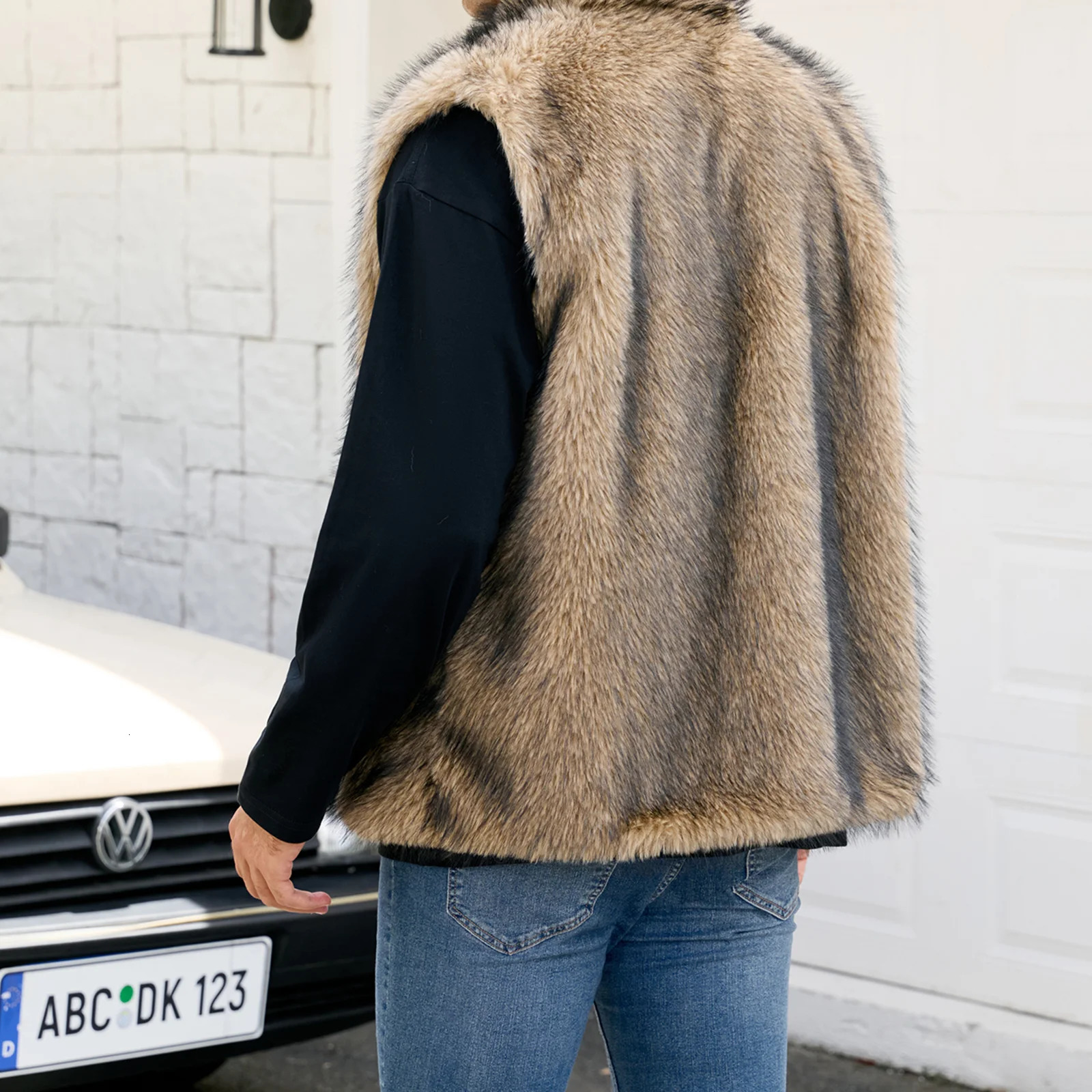 Men Faux Fur Sleeveless Coat Loose Contrast Stand Collar Warm Furry Fall Winter Vest Jacket 251020