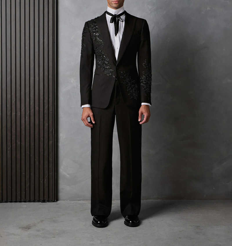 Customized Elegant Embroidery Beads Men Suits Slim Fit Peak Lapel Groom Tuxedos 2 Pieces Sets Male Blazers Casual Ropa Hombre