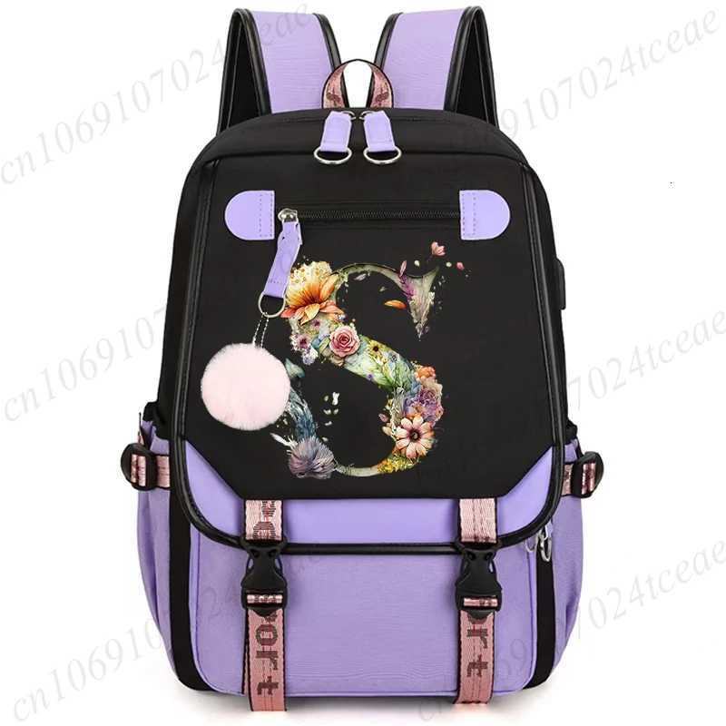 26 Alphabet Flower Women Schoolbag Waterproof Large Capacity School Backpack Zipper Teens Girl Casual Daypack Bag Student NEW W251025