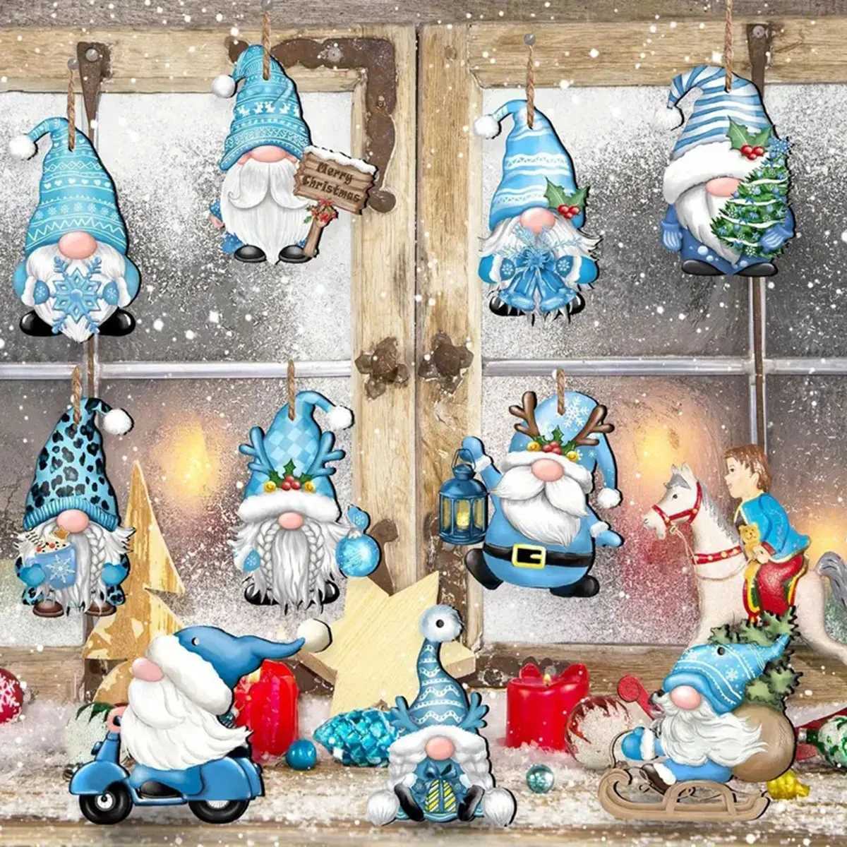 12 wooden Christmas and winter blue dwarf decorations perfect for Christmas and outdoor holiday parties C251024
