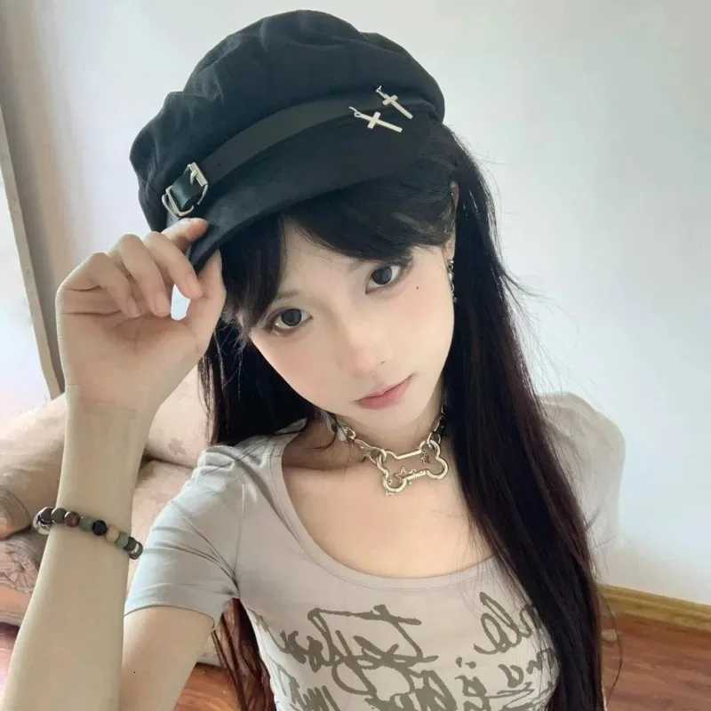 Y2K Gothic Cross Beret Hat Wen Unisex Harajuku Style Cotton Black Metal Decor Punk Rock C Autumn Winter Warm Hats Fashion Y251025