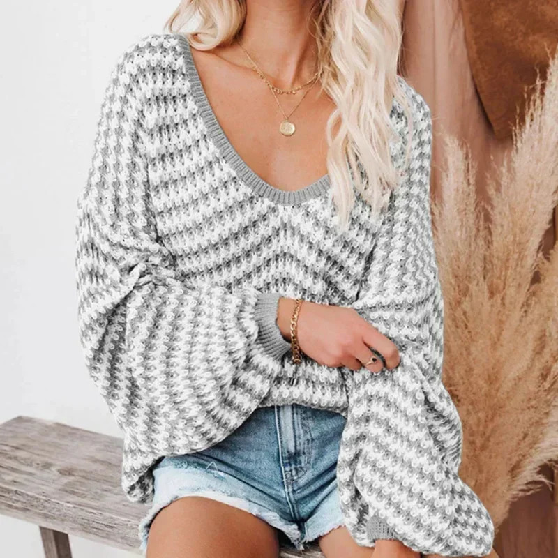 Women Pullover Sweater Casual Knitted Korean Fashion Loose V Neck Jumpers Female Striped Print Winter Tops Autumn 2025 Knitwear 251023
