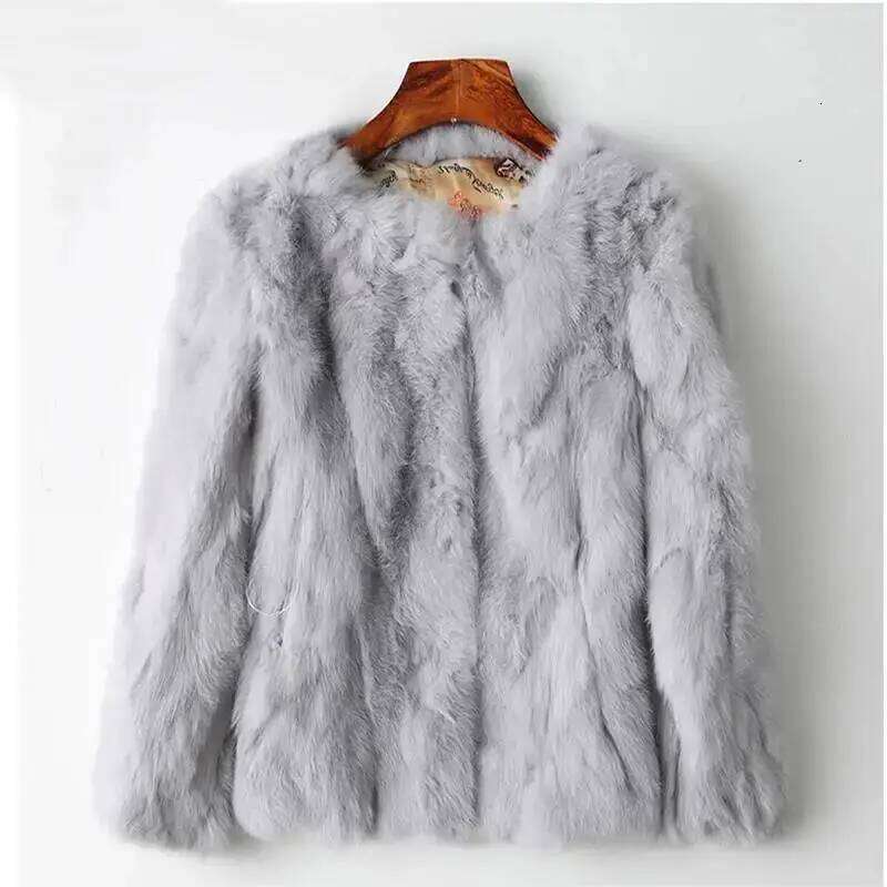 New Women's Real Fur High-Waist Round Collar Cardigan Long-Sleeved Slim Fit Rabbit Jacket Women Fashion Coat