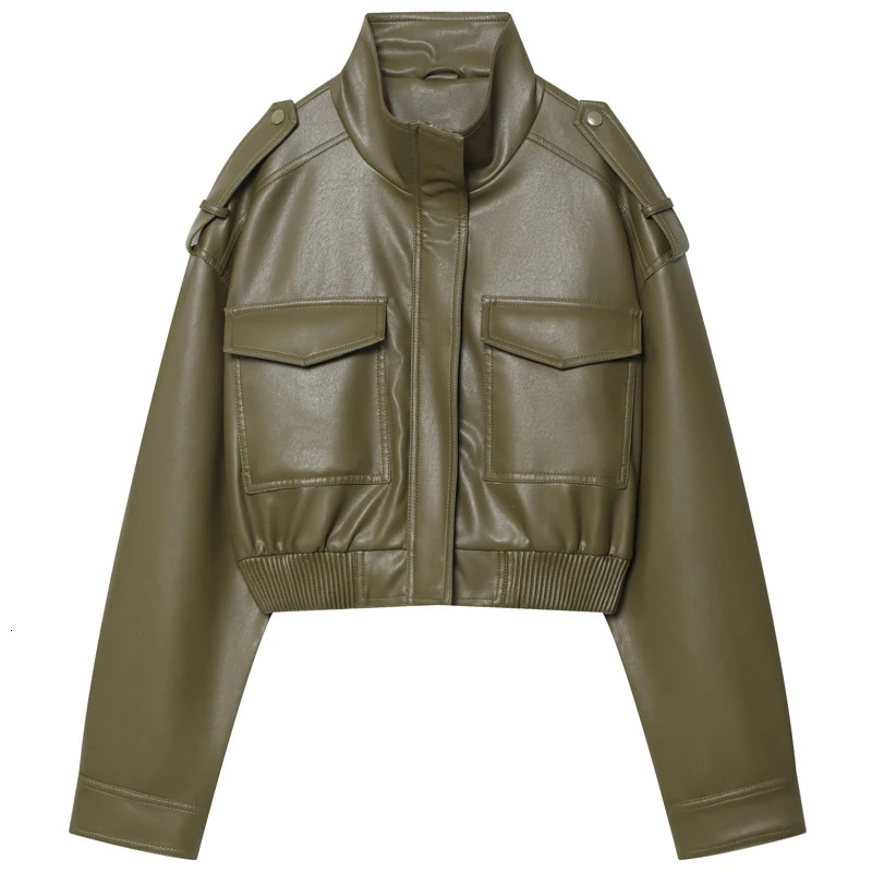 HXAO Green Pu Leather Jacket Woman Autumn Fashion Bomber Cropped ZipUp Long Sleeve Coats Chic Turtleneck Pocket Outerwears 251023