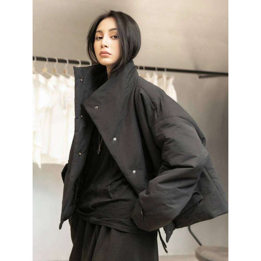 Black Warm Short Stand Collar Cotton-Padded Coat Long Sleeve Loose Fit Women Parkas Fashion New Autumn Winter 2025