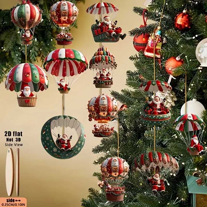 12pcs Christmas Tree 2D Wooden Hanging Decoration Set with Mobile Santa Claus and Hot Air BalloonXmas Perfect Holiday Gift Deco C251024