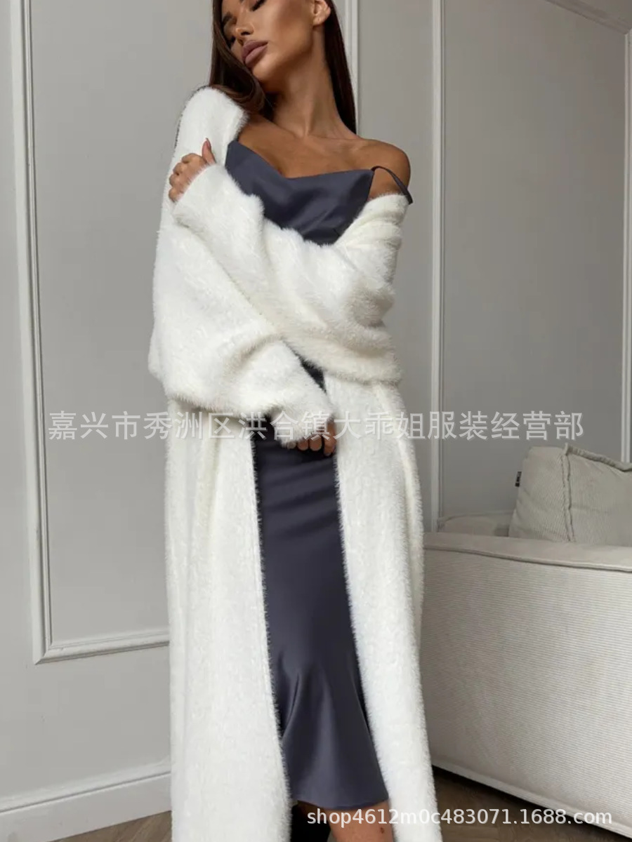 Hl235 White knitted cardigan autumn and winter loose plush fluffy long cardigan