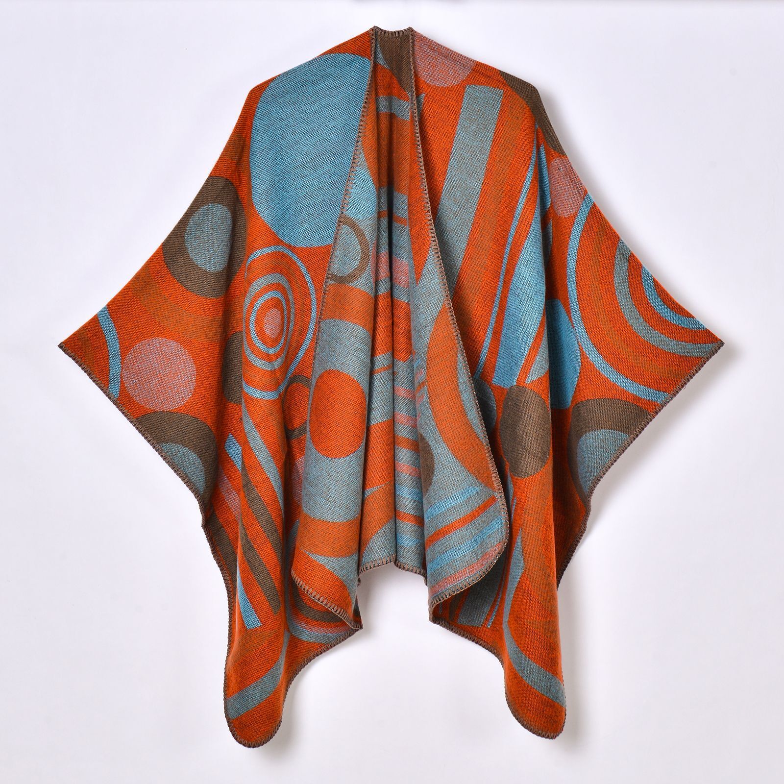 New Geometric Abstract Line Patchwork Womens Autumn Winter Warm Split Shawl Cape Outerwear Decorative Scarf