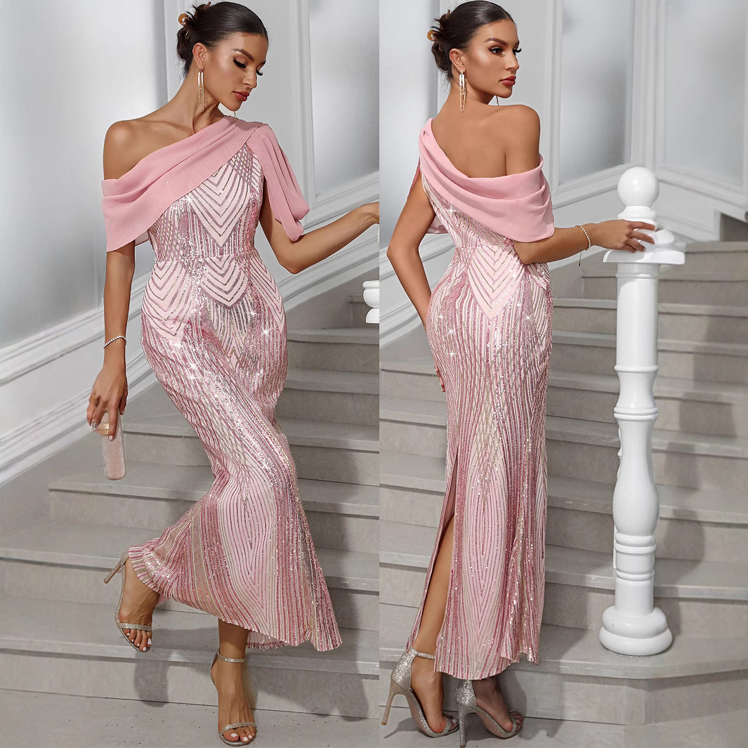 European and American new women's designer fashionable and sexy one shoulder chiffon patch sequin dress evening gown