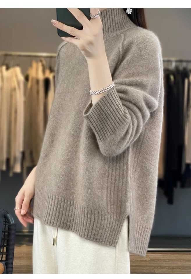 Womens HighNecked Cashmere Sweater 100 Soft Wool Thickened Lazy Raglan Sweater with Slit for Autumn Winter Comfortable Waxy WT251025