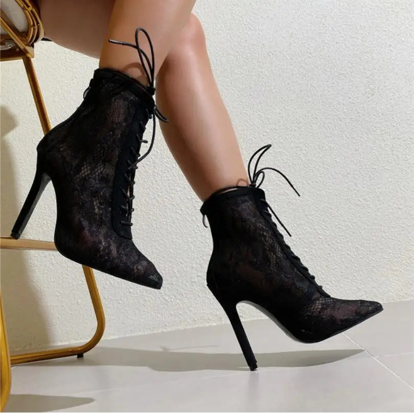 2025 Black Mature Mesh Women Boots High Heel Pumps Floral LaceUp Thin High Heels Ankle Pointed Toed Party Wedding Shoes 251023