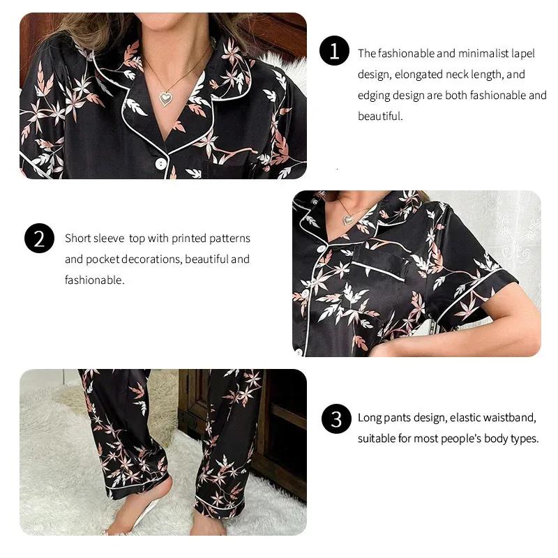 2025 New Fashion Satin womens sleepwear printed sleepwear autumn home clothing soft and comfortable short sleeved tops and pants womens sleepwear