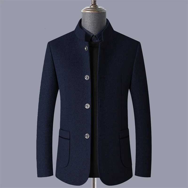 Autumn and Winter Stand Collar Woolen Mens Windbreaker Business Casual Suit Jacket Mens Thickeneded Winter Jacket Cashmere Woolen Outwear Slim FitT251