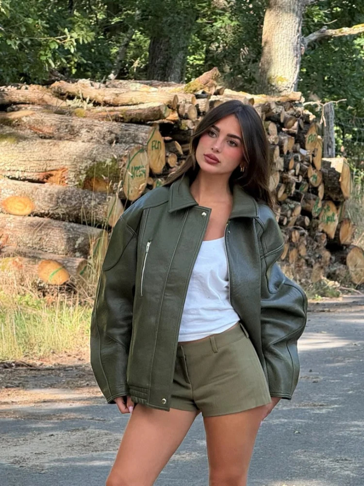 Army Green Pu Leather Bomber Jacket Women Vintage Loose Long Sleeve Zipper Pockets Coat Lady Daily Street Outerwears 251020