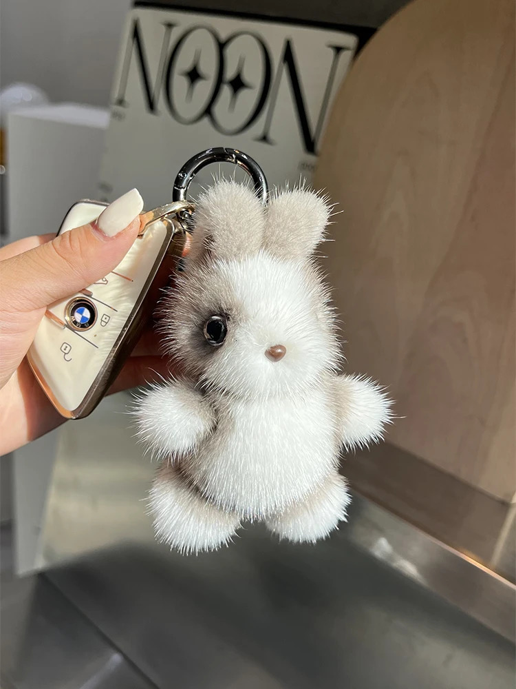 Cute Rabbit Real Mink Fur Key Chains Plush Bunny Toy Girls Schoolbag Charm Ornaments Women Car Keyrings Rearview Mirrors Pendant 251023
