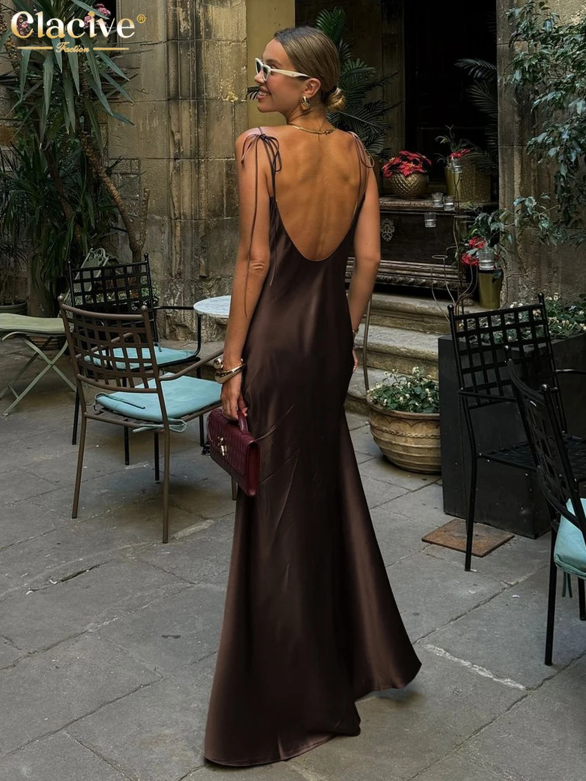 Clacive Fashion Loose Brown Satin Womens Dresses 2025 Summer Strap Sleeveless Floor Length Dress Sexy Backless Female Dress 251023