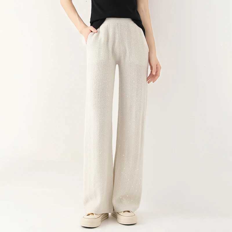 Women Wool Wide Leg Pants Elastic Waist Threaded Pattern Trousers Autumn Winter 100 Merino Wool Trousers Knit Soft Warm PantsT251025