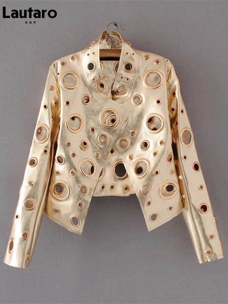 Lautaro Runway Cut Out Short Faux Leather Jacket Golden Rivet Cool Stylish er Clothes Women European American Fashion 251020