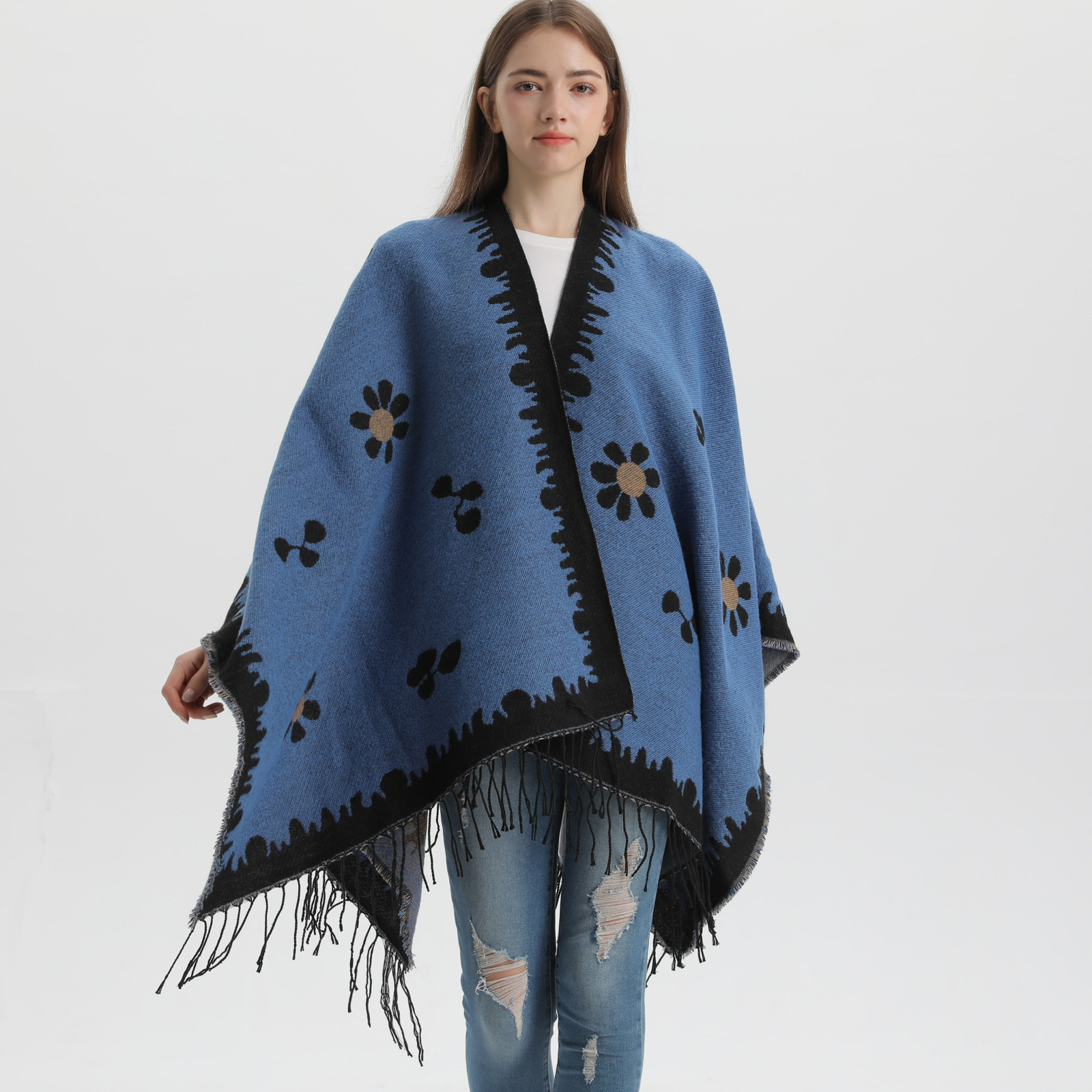 Korean Style Fashion Autumn Winter Shawl New Fresh Floral Knitted Cardigan with Tassels and Slit Warm Outer Cape