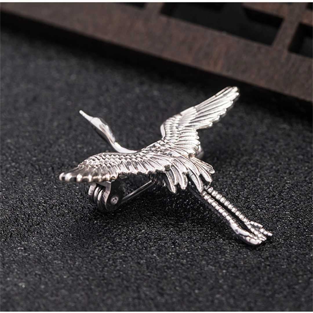 100S925Pure Silver Retro Flying Crane Brooch Collar Simple Personalized Pin Clothing Jacket Women Men Accessories Charm Jewelry J251115