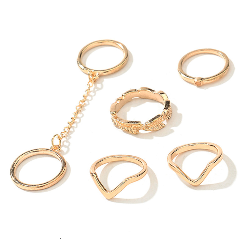Personalized Fashion Versatile Ring Inlaid with Diamonds Leaf V-Shaped Joint Finger Chain 6-Piece Set New Style