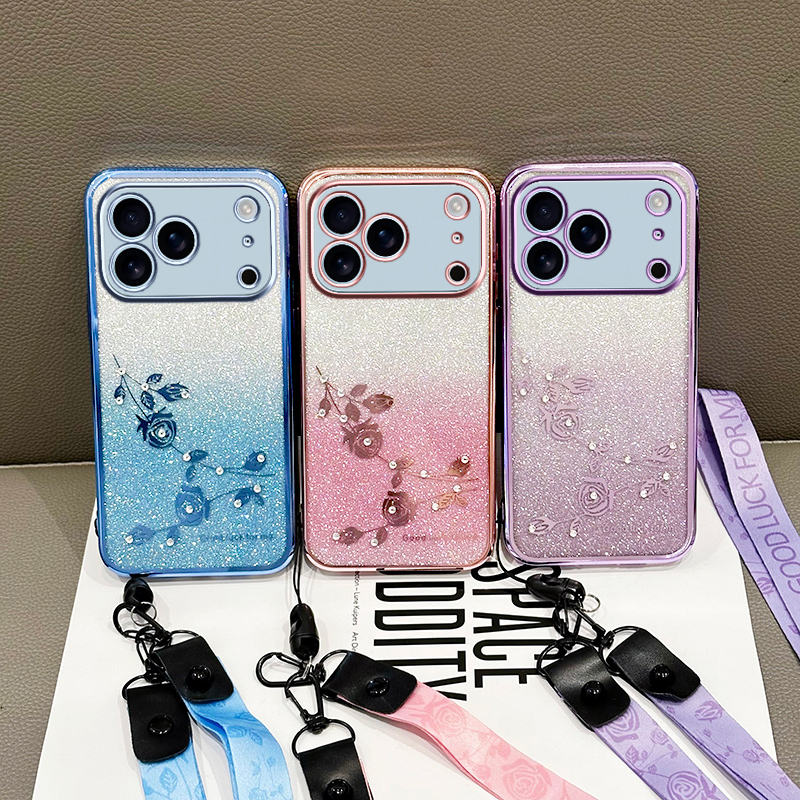 Luxury Gradient Glitter Diamond Flower Crossybody Strap Plating TPU Case For iPhone 17 Air 16e 16 15 14 13 12 11 Pro Max Samsung S25 Edge S24 FE S23 U