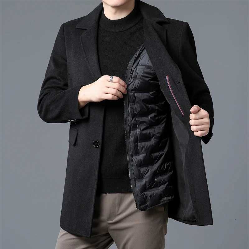 Winter Men Wool Essential Coat Black Gray Thick Thermal Overcoat With Detchable Down Puff Vest Attire Gentlemen Warm Soft OutfitT251025