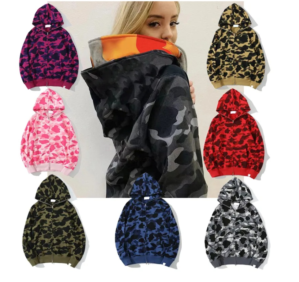 New Men's Designer Hoodie Women's Full Zip Shark Hoodie Black Camouflage Jacket Blue Hooded Sweatshirt Men's Women's Sweater Long Sleeve Technology Woolen Cardigan