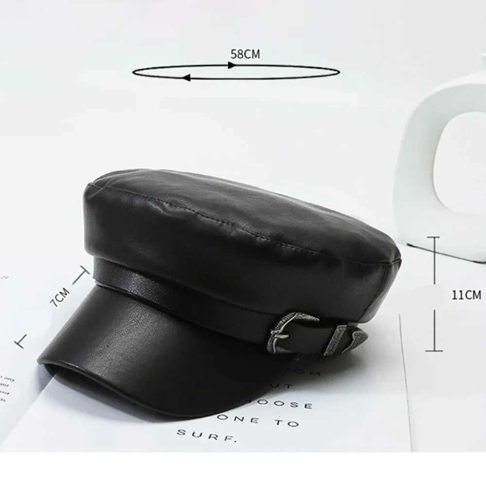 Wen Men Fashion Leather Hat with Belt Buckle Military Beret C Flat Top Sailor Hat Black Autumn Spring Casual Vintage Y251025