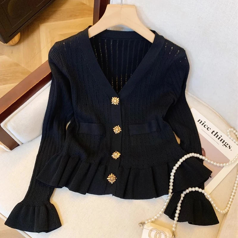 YuooMuoo Women Cardigans Autumn Buttons Vneck Slim Waist Ruffled Knitted Tops Chic Fashion Lady Sweaters Shirts 251020