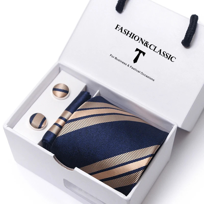 Holiday Gift Box 8 cm Red Stripe Mens Gravata Handkerchief Cufflinks Set For Men Suit Accessories Wedding Neckties 251023