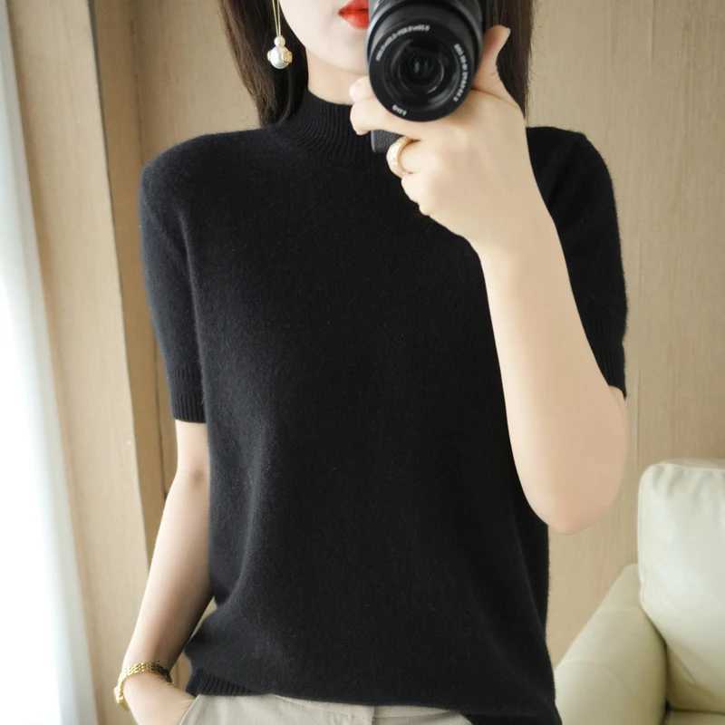 Spring Autumn Women Sweater Casual Warm Bottoming Shirts Mock Neck Basic Knitwear Short Sleeve Pullovers Korean Fashion JumperT251025