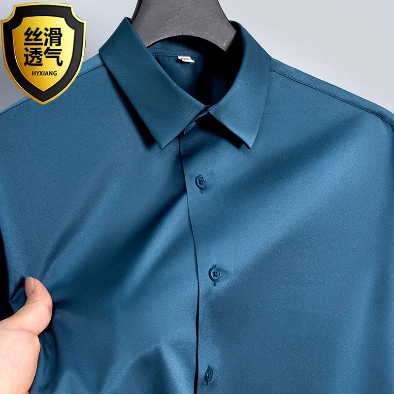Summer shirt mens white glossy non ironing shirt mens wrinkle resistant ice silk casual highend seamless business shirt 251023