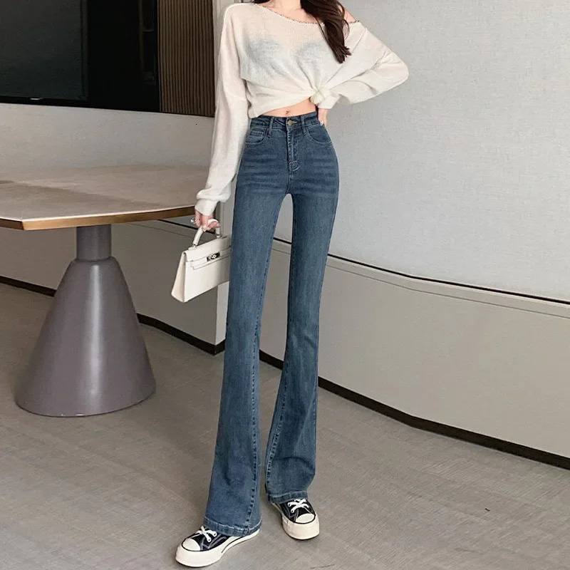 Slimming StraightLeg Denim Jeans Womens AutumnWinter Petite Blue Grey High Elasticity Micro Flare Shaping Smooth Silhouette 251023