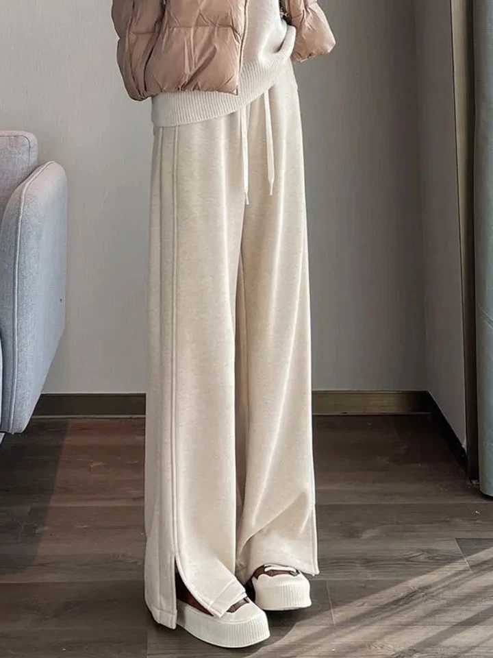Women Wide Leg Pants Simple Office Lady Plush Thicken Autumn Winter Harem Trouser Solid Casual Harajuku Female Lace Up Pants NewT251025