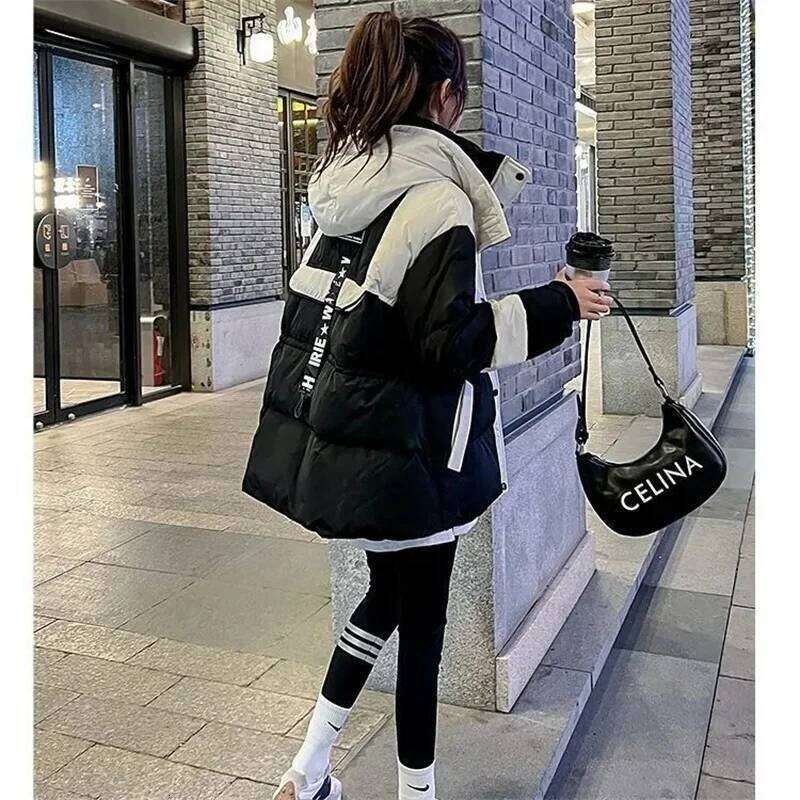 Black Medium Long Parker Cotton Jacket Women's Winter 2025 New Korean Version Loose Down Cotton Splicing Hooded Coat Warm Top