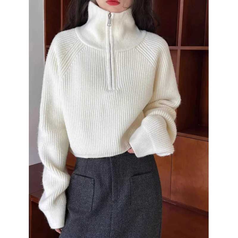 2025 New Fashion Half High Neck Zipper Knitted Sweater Womens Solid Color Sweater Casual Loose Crop Knit Top Elegant PulloversT251025