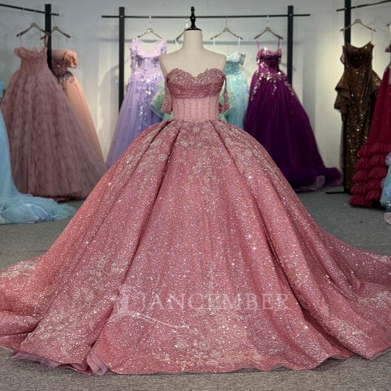 Pink Shiny Quinceanera Dresses Ball Gown Off The Shoulder Sequin Applique Lace Beading Crystal Corset Party Birthday Sweet 16 Dress Vestidos 15 De Ano