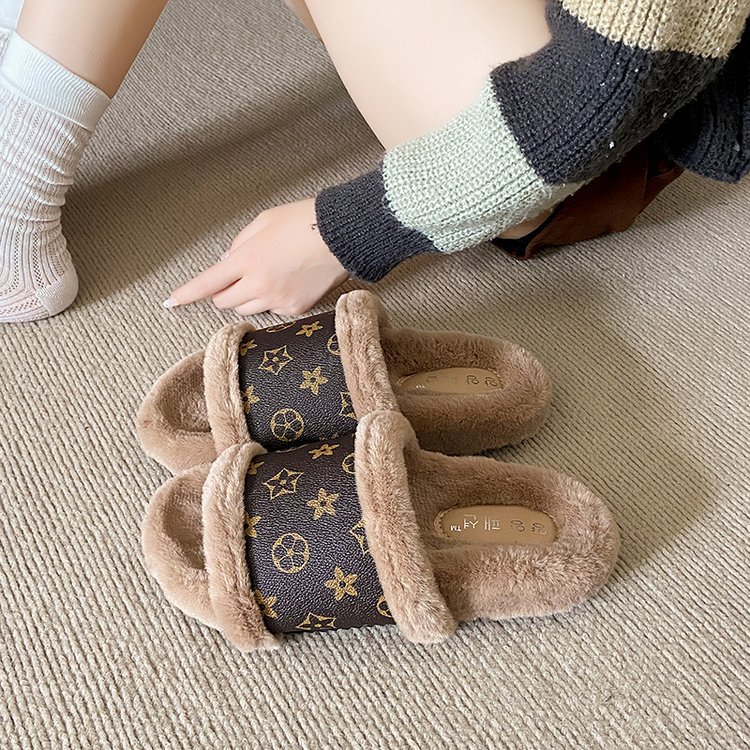 Free shipping flat woolen slippers for women's outerwear in autumn and winter, classic and fashionable with fleece warmth, anti-slip cotton slipp
