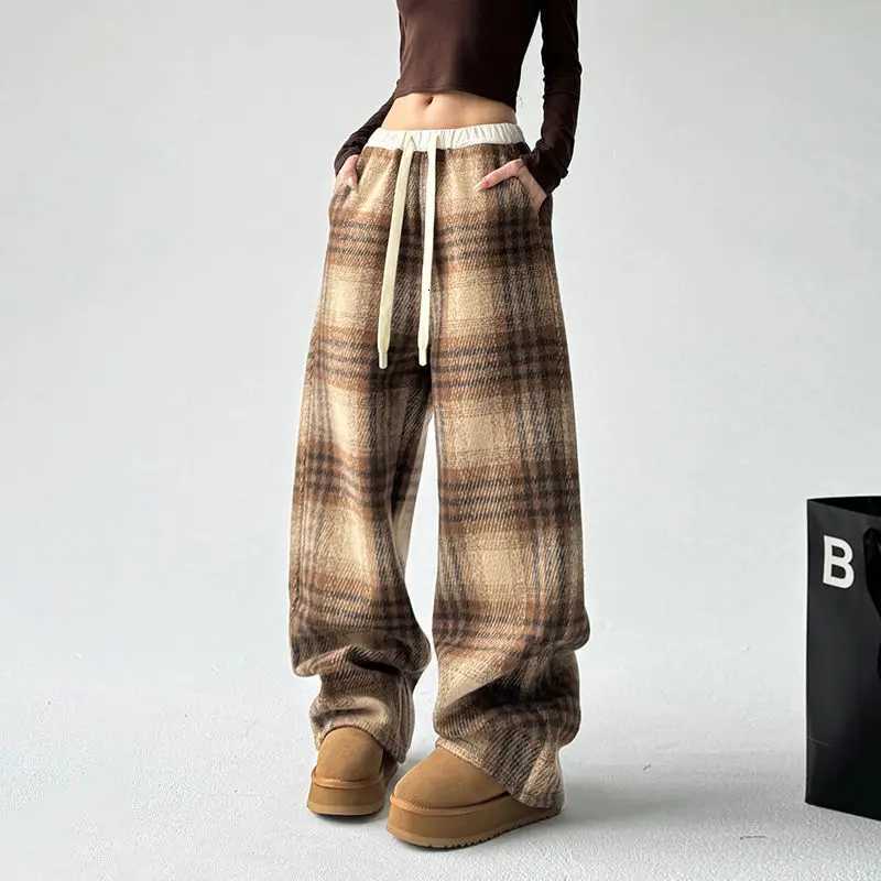 Plus Fleece Vintage American Style Plaid Wide Leg Women Winter High Waist Loose Casual Straight Cootrast Color Allmatch PantsT251025