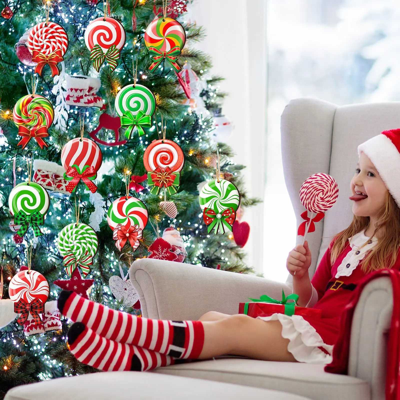 24 Pieces Peppermint Christmas Tree Ornaments Colorful Peppermint Wood Ornaments Lollipop Candy Christmas Ornaments C251024