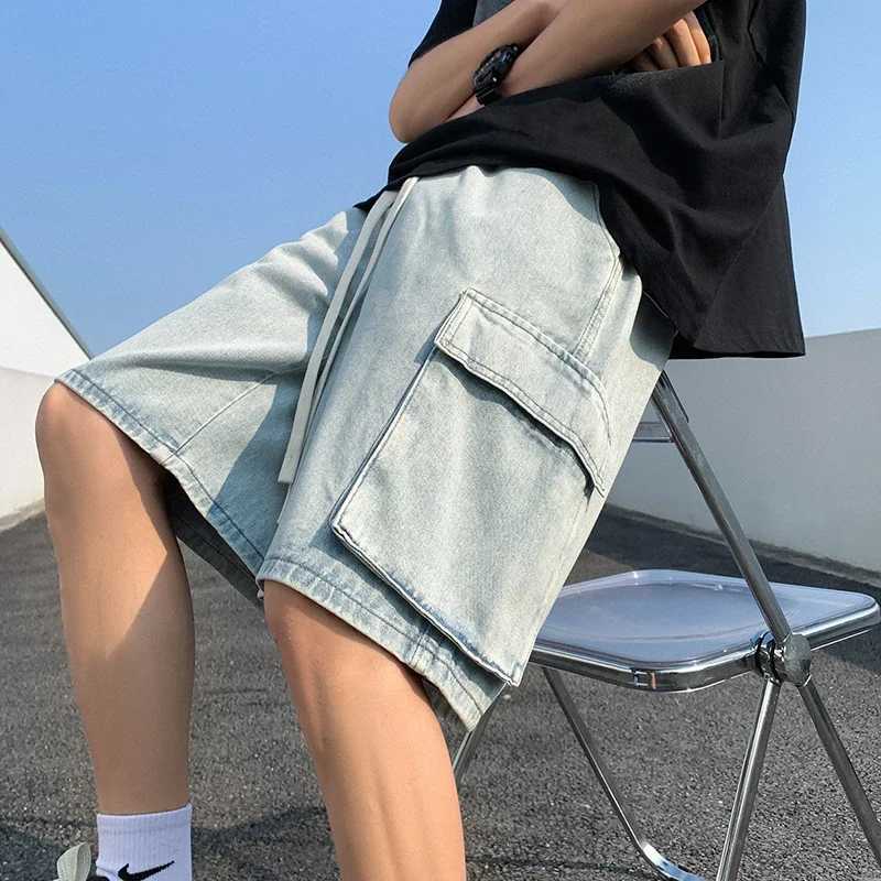 2024 Summer Mens Loose Drawstring Denim Shorts Streetwear Big Pocket High Street Fashion Elastic Waist Casual Short Jeans MaleXJ251025