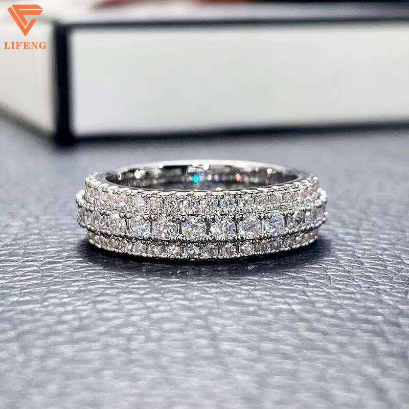 Hip Hop Iced 925 Silver Dazzling Sparkly Eternity Band Ring for Men 3 Rows VVS Moissanite GRA Rapper Pass Diamond Tester Ring