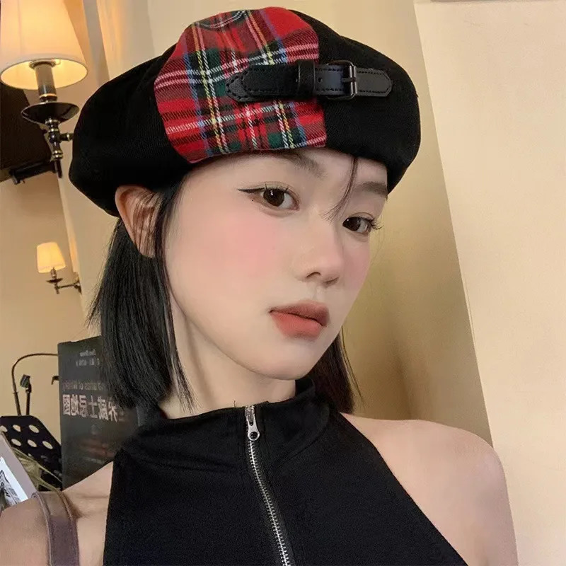 Korean Version of Fashionable Belt Buckle Color Matching Beret Childrens SpringSummer Retro British Plaid Painter Pumpkin Hat 251023