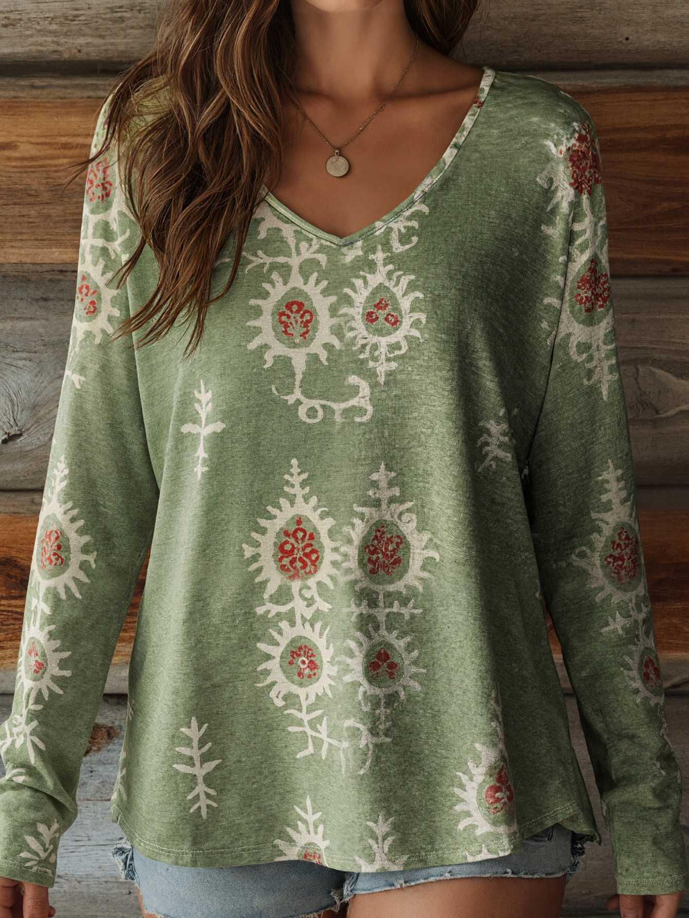 Autumn Winter Retro Fashion Commute Style Green V-Neck Loose Comfortable T-Shirt, Milk Silk Daily Casual Versatile Thin Long Sleeve Top for Women, S-X