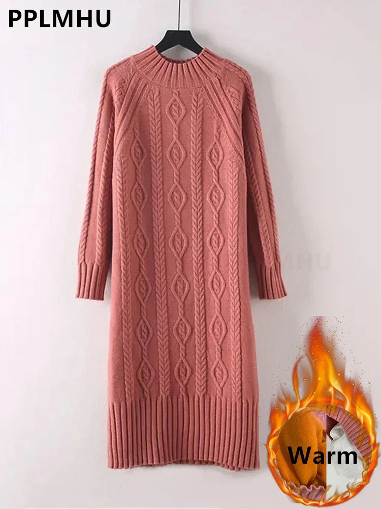 Winter Thicken Plush Velvet Lined Sweater Dress Womens Fall Half Turtleneck Rib Knit Bottom Dresses Elegant Warm Vestido Midi 251023
