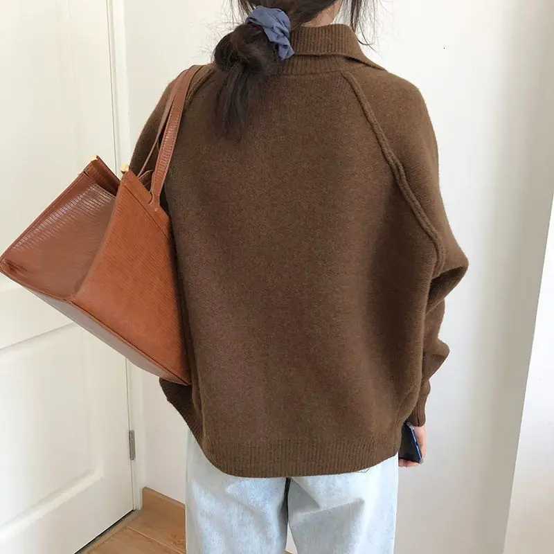 Women Clothing Autumn Winter Fashion Korean Button Solid Color Turndown Collar Knitting Female Temperament Sweater Cardigan CoaT251025